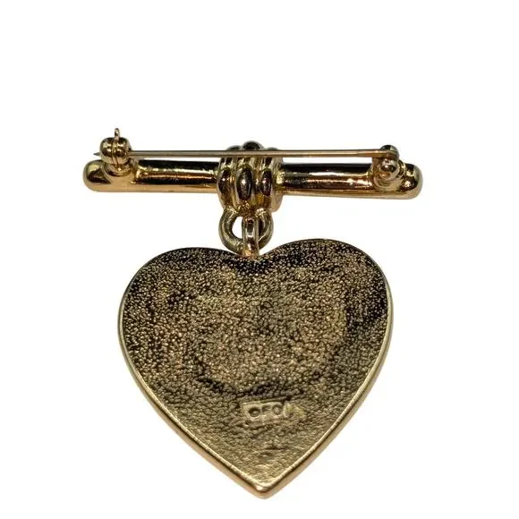 Vintage Signed FO Red Enamel Gold Tone Heart Dangle Brooch - Picture 2 of 5